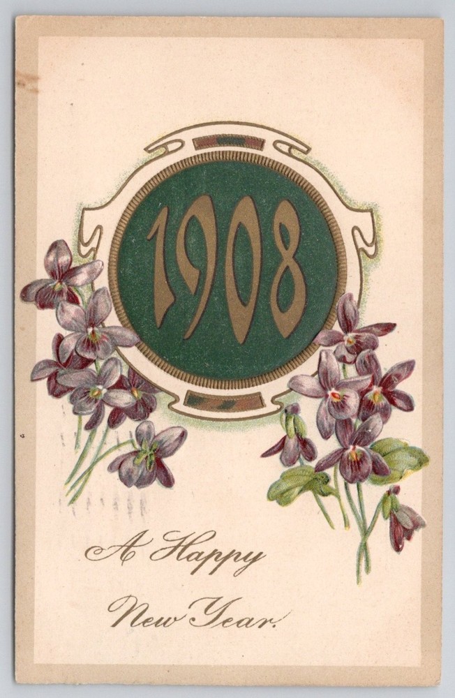 1908 Happy New Year Violets Postcard Embossed German Printed