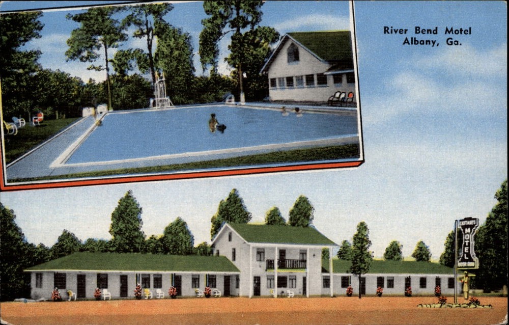 Georgia Albany River Bend Motel swimming pool Route 19 ~ 1950-60s postcard