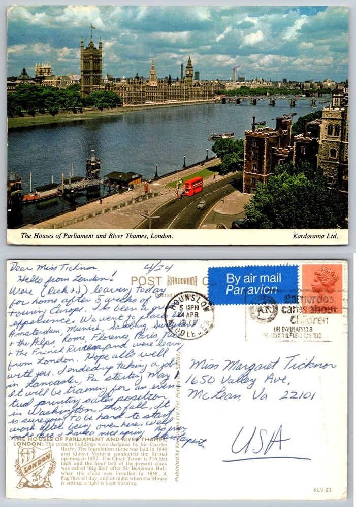 Vintage London Postcard Houses of Parliament River Thames Double Decker Bus