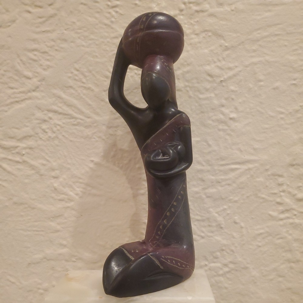 African Art Women with Basket Hand Carved Stone Sculpture Abstract 10” x 3” x 5”-image