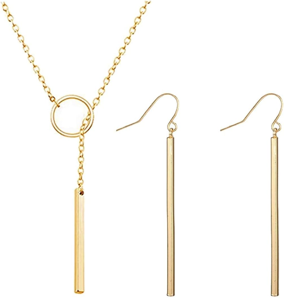 Minimal Dainty Gold Plated Dangle Earrings Layered Bar Pendant Neckalce Gold Lon