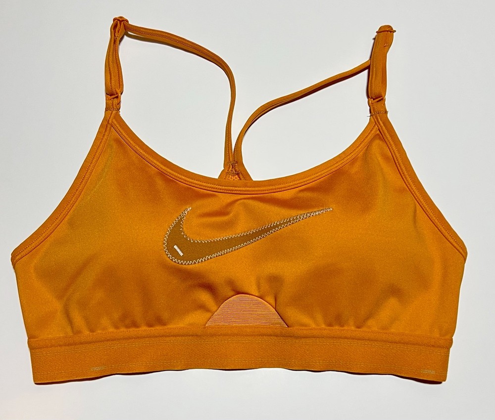 Nike Womens Dri-FIT Indy Icon Clash Sports Bra Size Small Embroidered Logo Curry