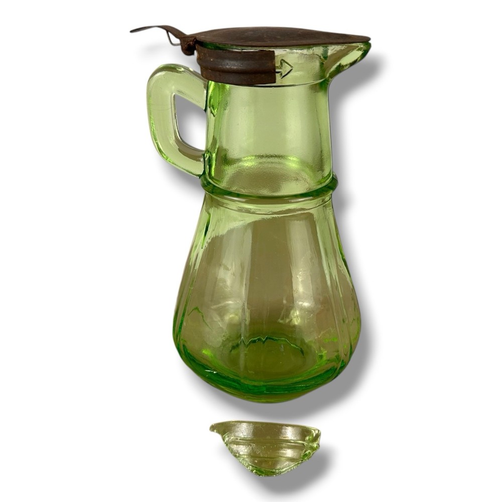 Vintage Hazel Atlas Green Uranium Glass Syrup / Pitcher With Tin Lid BROKEN