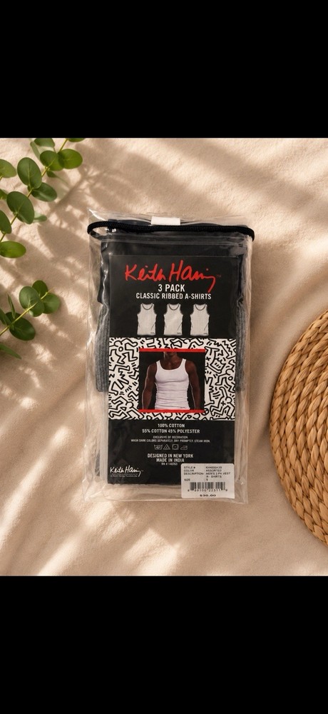 Keith Haring Men's 3 Pack Ribbed Sleeveless White Shirts Size S Cotton Blend