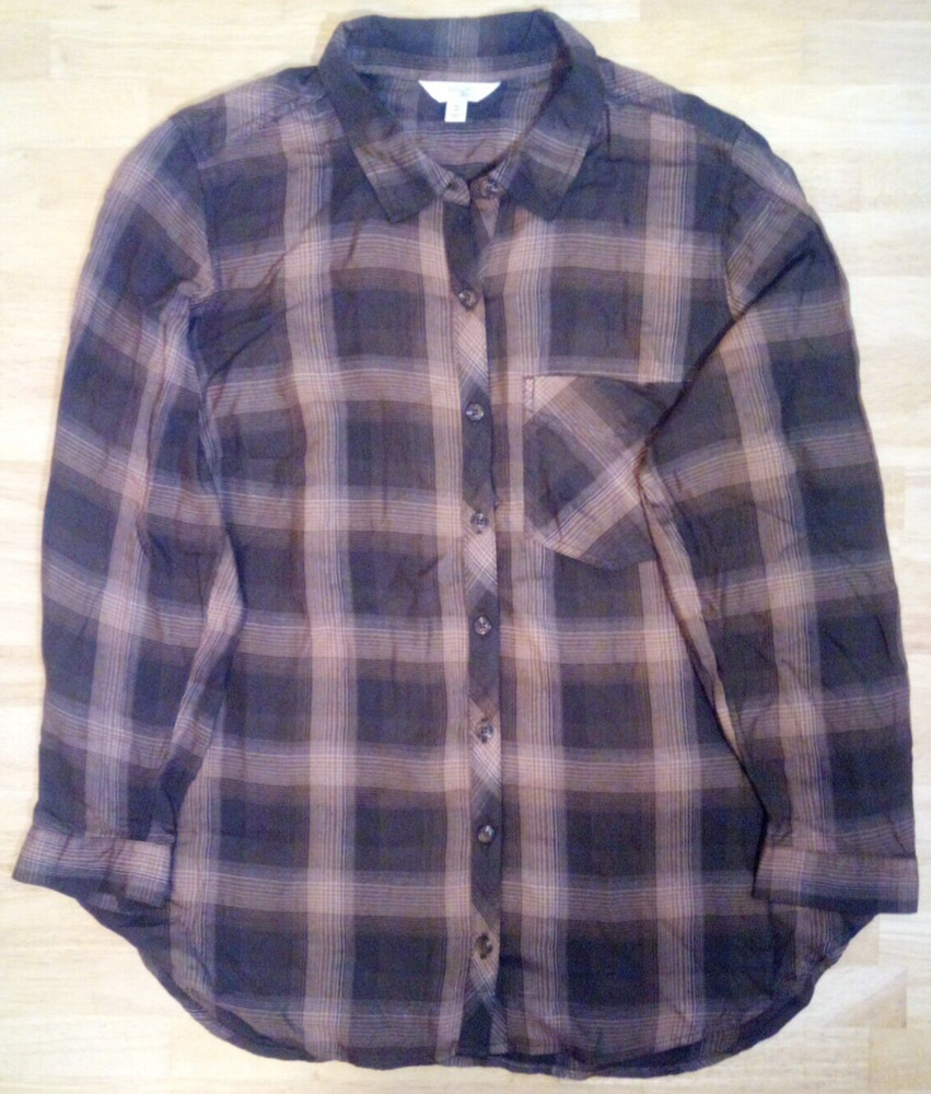 Terra & Sky Women Plus Sz Button Down Brown Buffalo Shadow Plaid Shirt 0X 2X 3X
