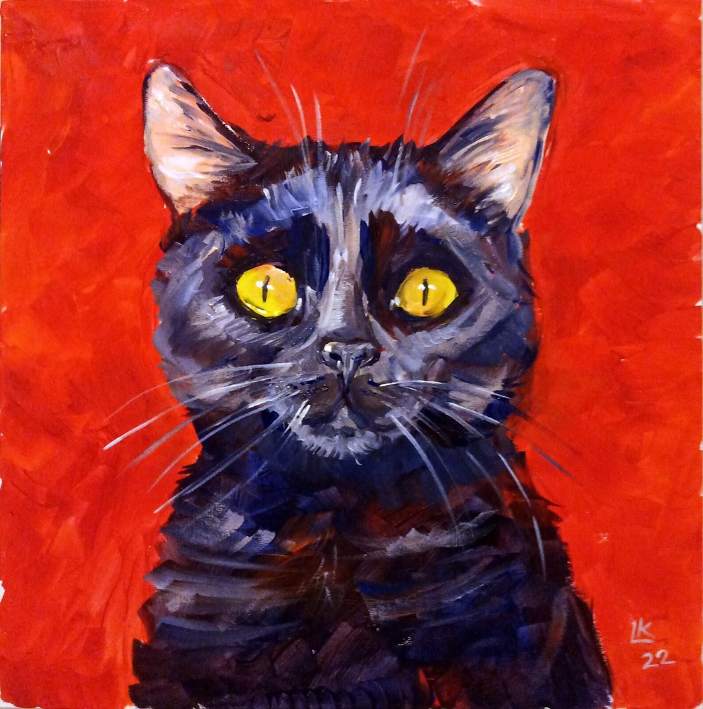 Original Black Cat Painting Yellow Eyes Vibrant Red Background Modern Artwork