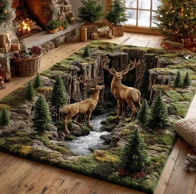 Cedar Deer Area Rug – 3D Woodland Stag Carpet, Rustic Forest Cabin Decor, Nature