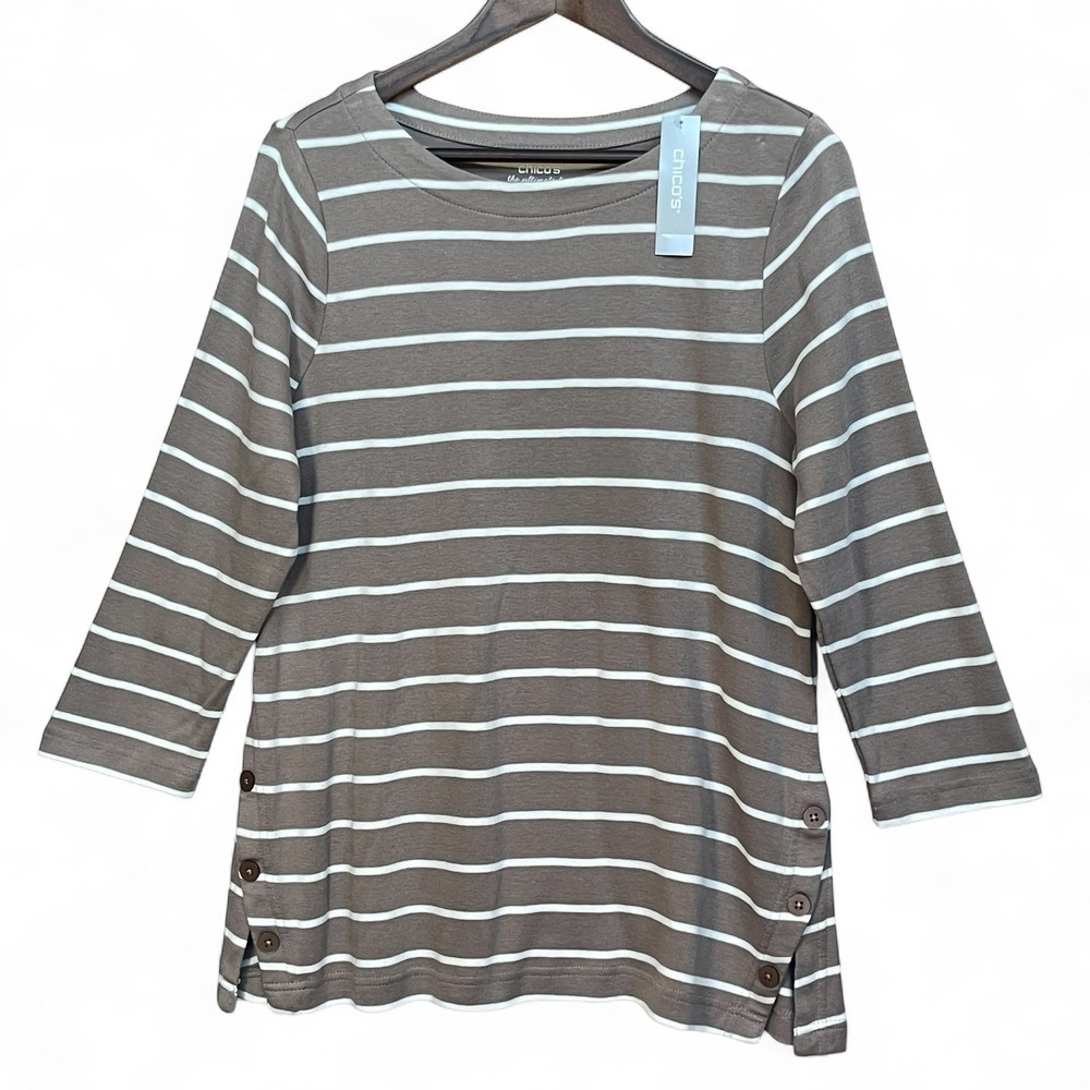 Chicos Ultimate Tee Pima Cotton Striped 3/4 Sleeve Side Button Mountain Stone L