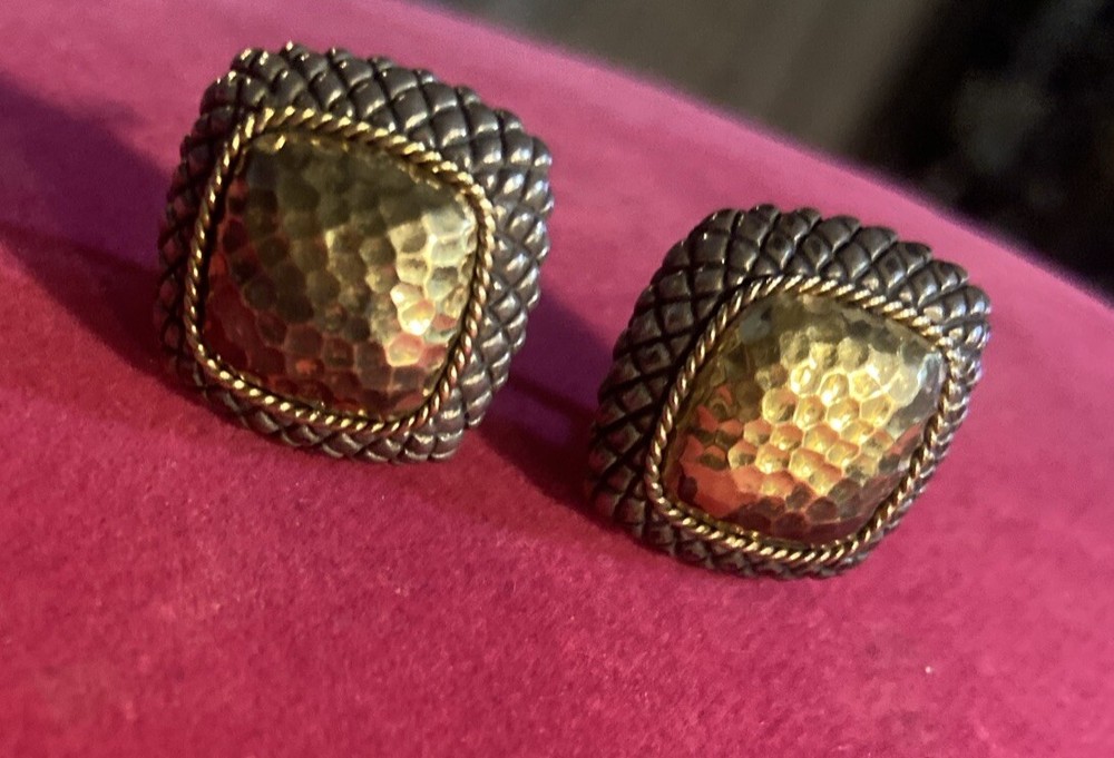 EFFY Silver & 18k Gold Hammered Stud Square Designer Earrings 925 & 750 VTG  5/8