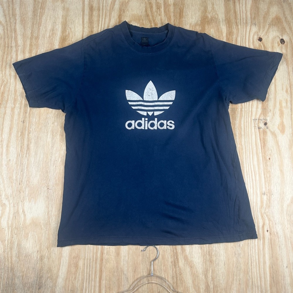 Vintage Adidas Big Trefoil Logo Mens Graphic Tee Round Neck Tshirt XL Blue Faded