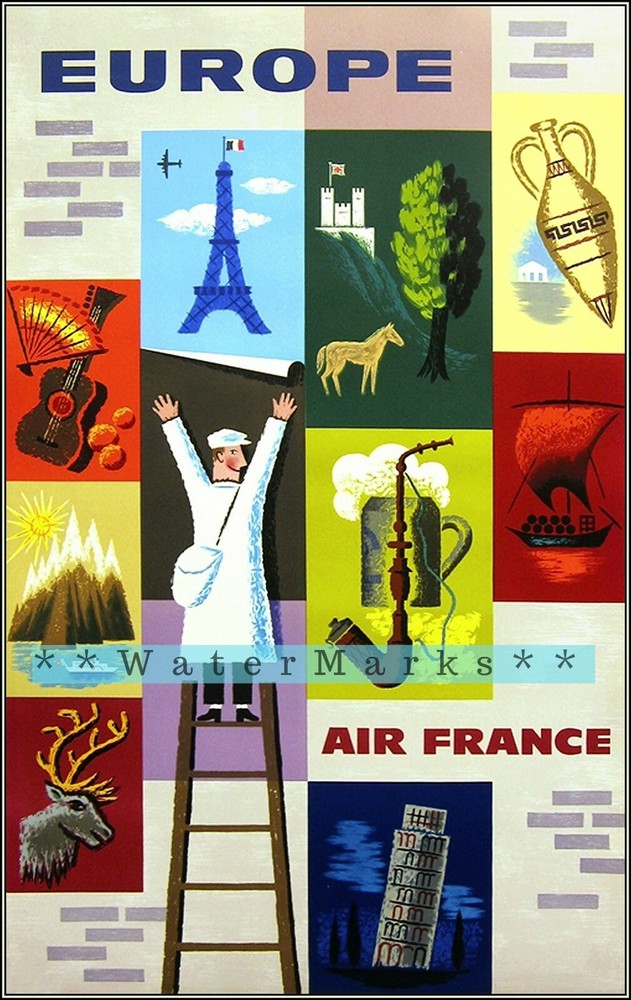 Europe 1960 Air Travel Vintage Poster Print Retro Style Art Travel Decoration