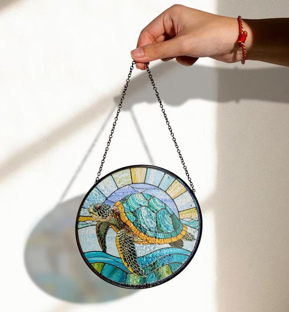 Stained Glass Sea Turtle Suncatcher Ocean Themed Hanging Art For Window Or Wall