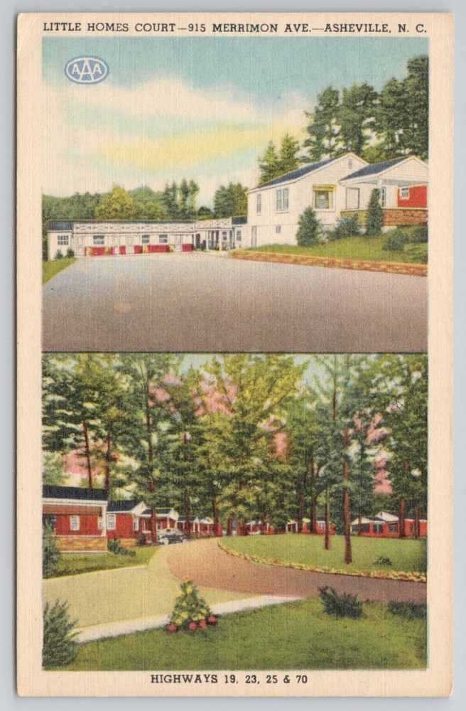 Vintage Little Homes Court Asheville NC Linen Postcard AAA Merrimon Ave Motels
