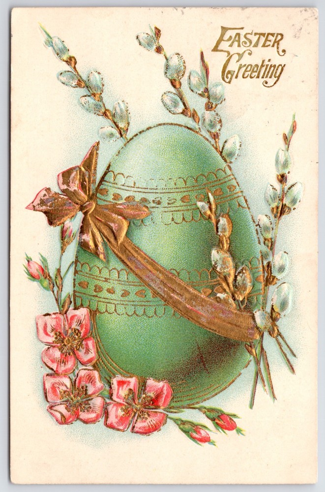 Giant Green Easter Egg Willows Pink Blossoms Ribbon c1908 Embossed Postcard