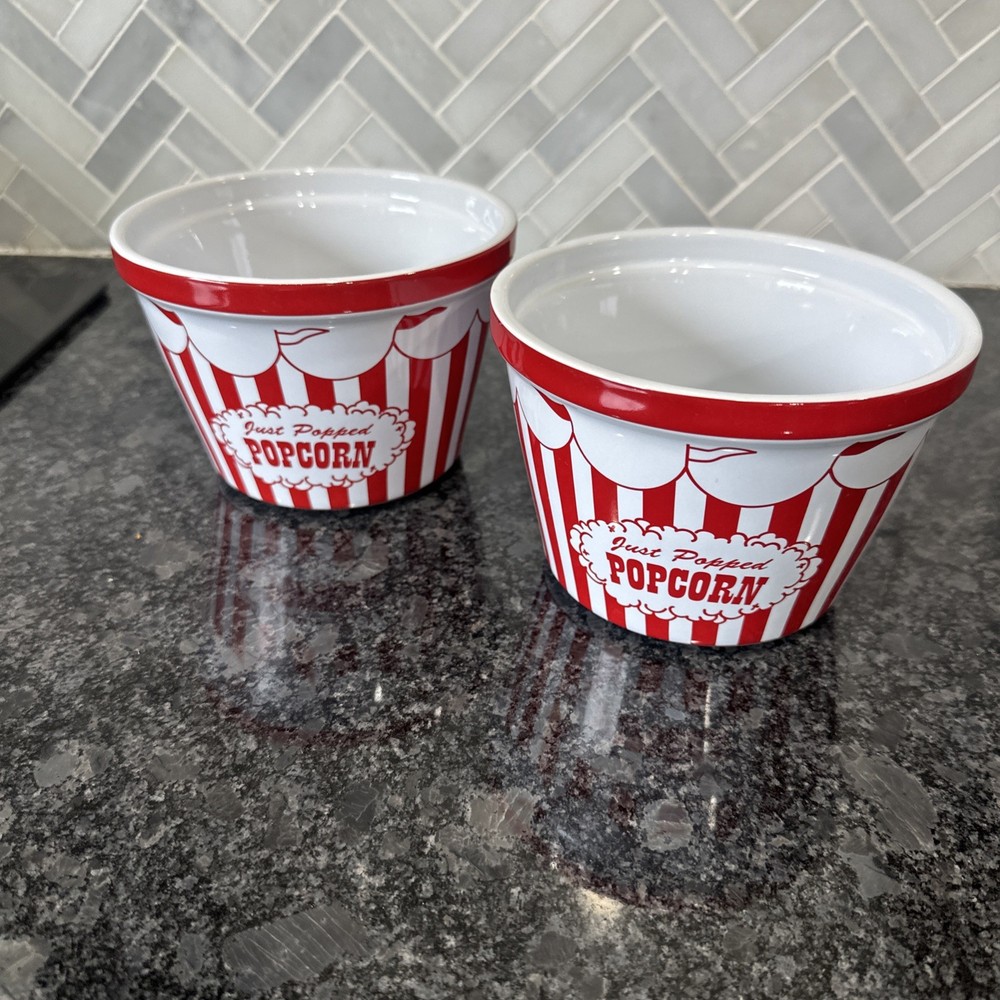 Set of 2 Everybody Loves Circus Popcorn Handcrafted Ceramic Bowls Red And White
