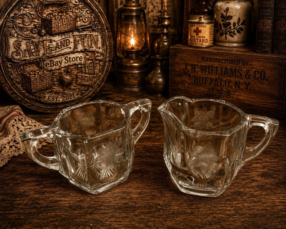 Vintage Clear Crystal Glass Set Mini Creamer & Open Sugar Bowl COLLECTIBLE