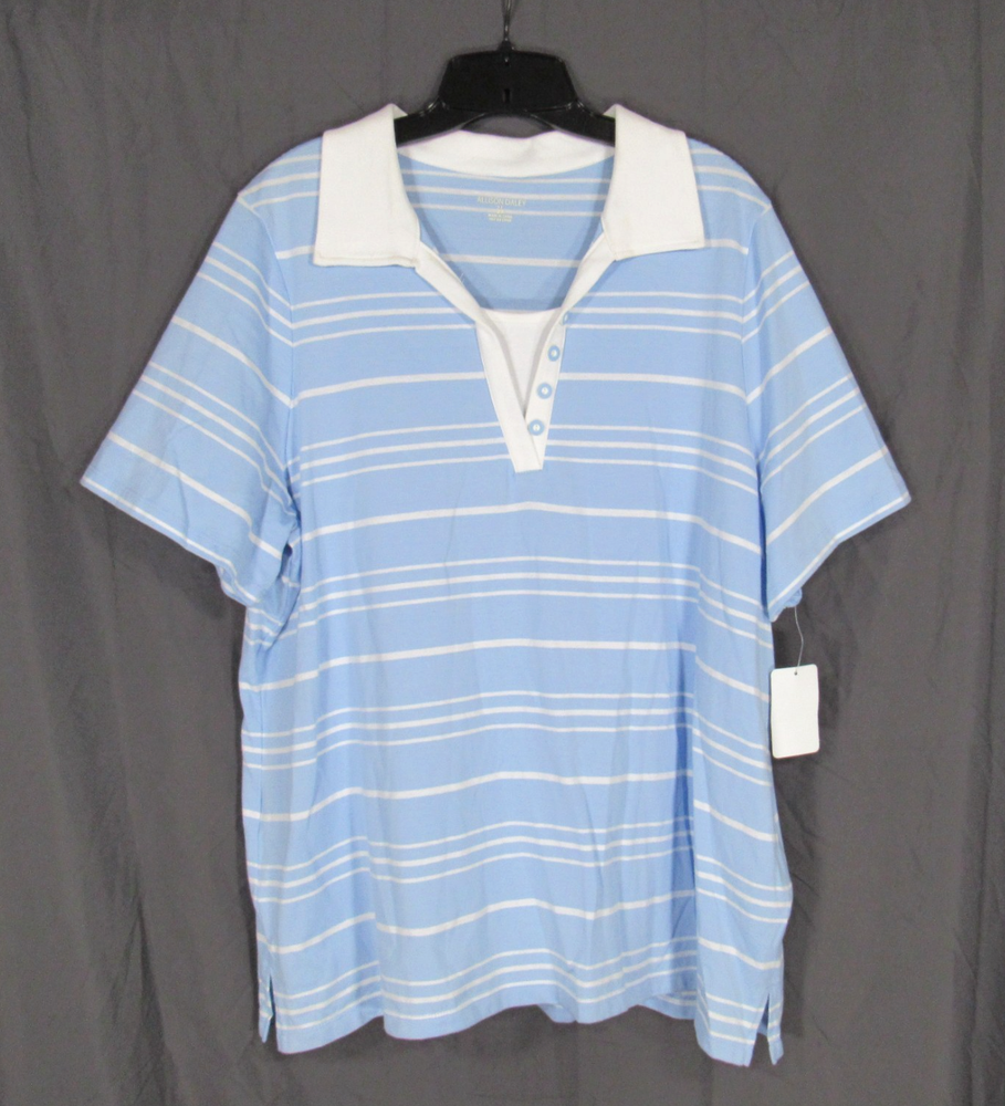 ALLISON DALEY Blue TWILL Faux Button STRIPED Collared POLO SHIRT/TOP Sz 2X