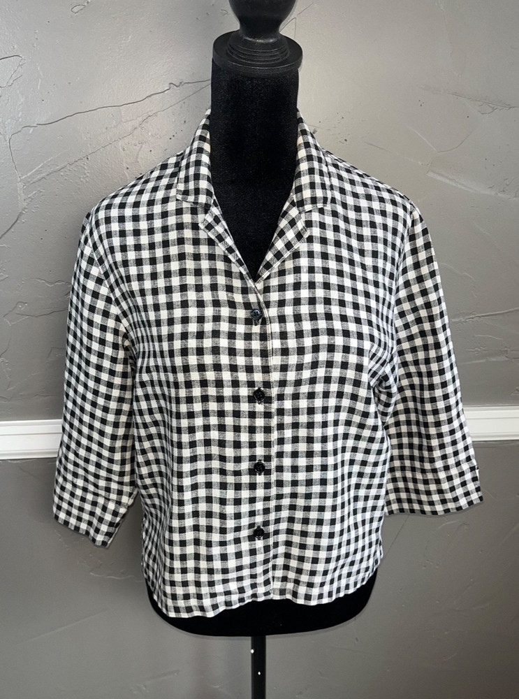 Westbound LInen Top Women's Size M Black Gingham 3/4 Sleeve Summer Resort Flawed