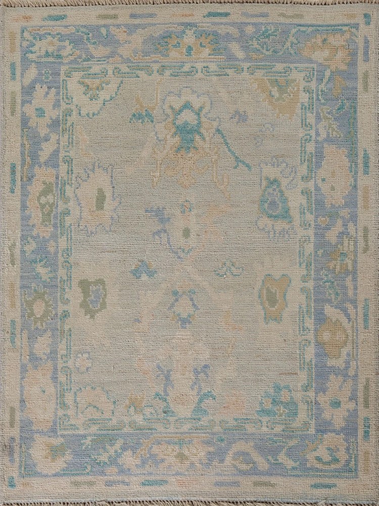 Hand Knotted Oushak Rug Muted Blue Beige Wool Turkish Traditional Area Rug