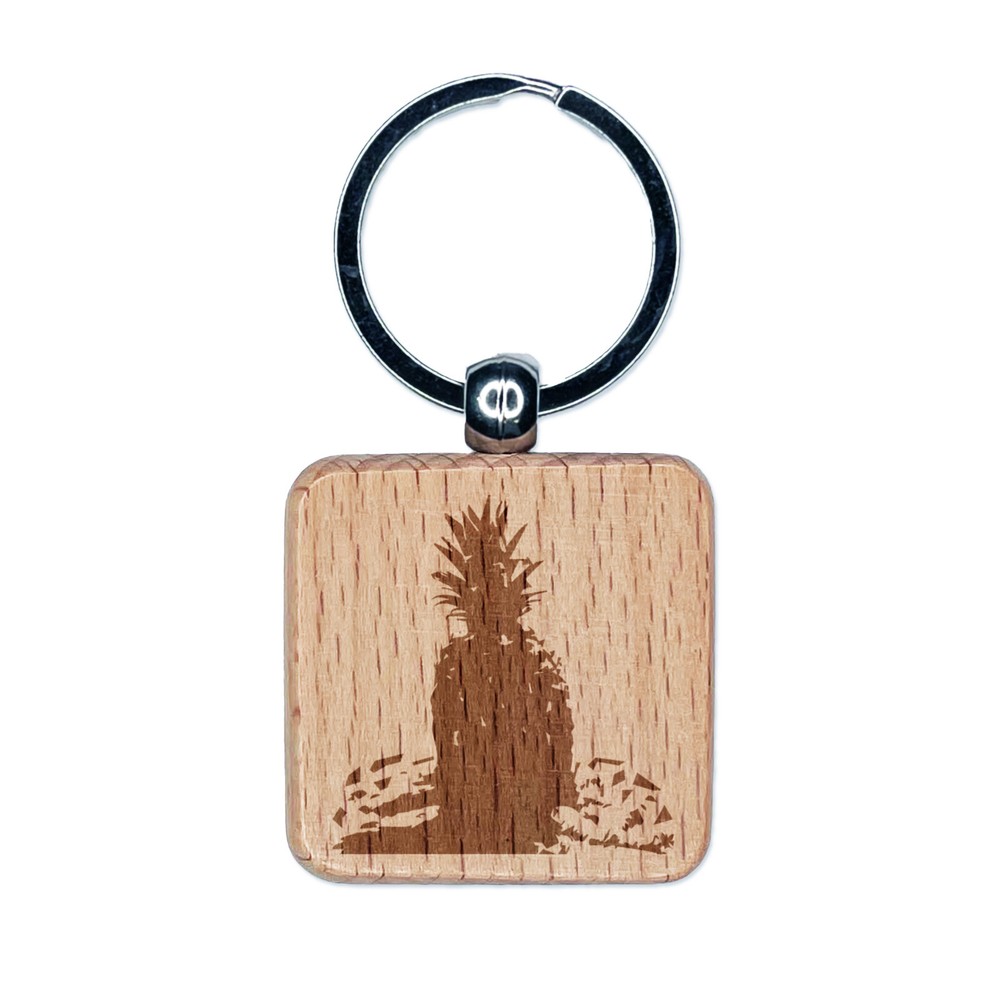 Pineapple Engraved Wooden Keychain - Abstract Sketch Design - Square Charm  