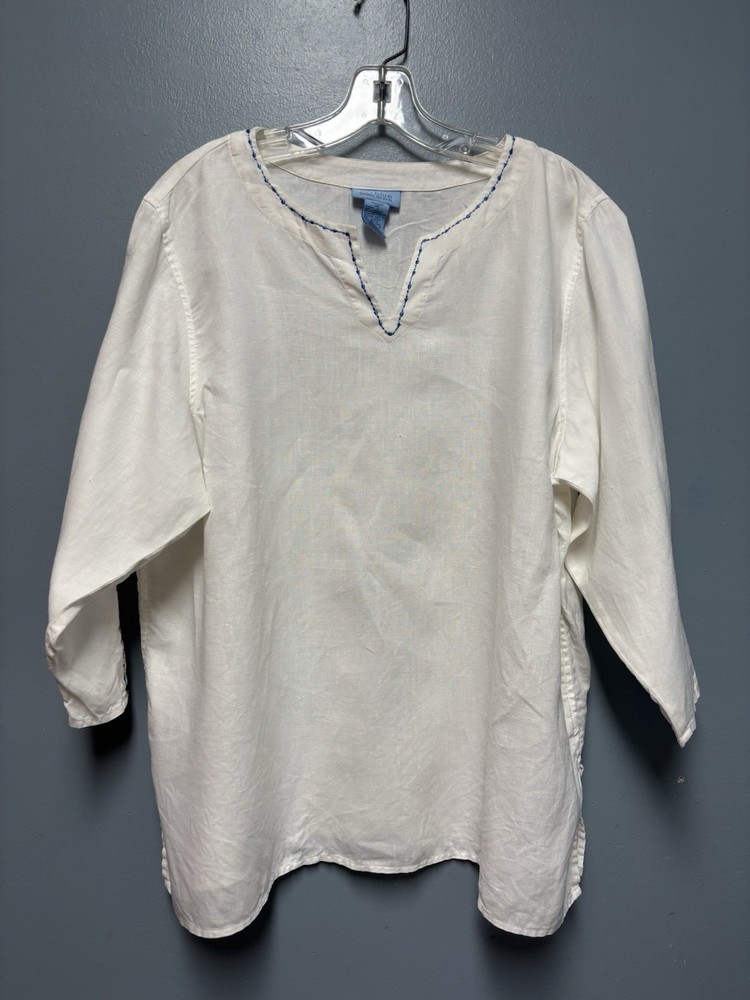 Sigrid Olsen White Linen V Neck Tunic Sz 1X Blue Embroidered Trim