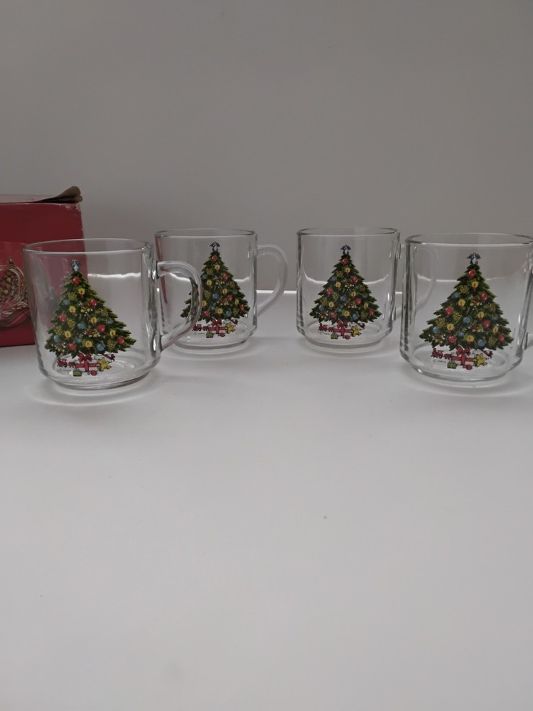 Vtg 1985 Christmas By Carlton 10 oz Christmas Tree Crystal Mugs In Original Box