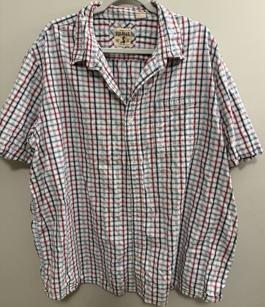 RedHead Men's Plaid Cotton Short Sleeve Button-Up Shirt 3XL White Red Blue
