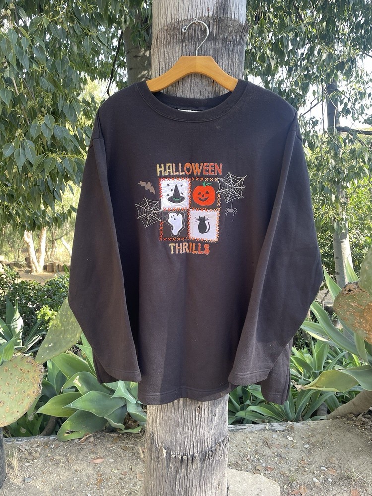Vintage 90s Halloween Black Sweatshirt 2xl Spider Ghost Cat Pumpkin Witchy