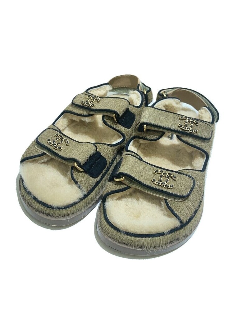 CHANEL G35927 Shearling Dad Sandals EU 37 Beige Preowned Haarco Authentic