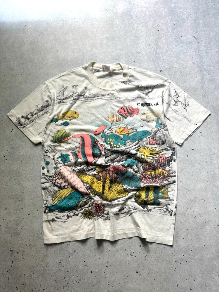 Vintage 90s Ocean Fish Over All Print T Shirt Single Stitch Men XL