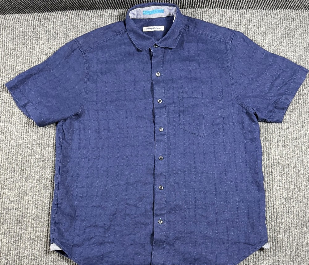 Tommy Bahama Shirt Mens Medium Linen Check Short Sleeve Button Up Blue Casual