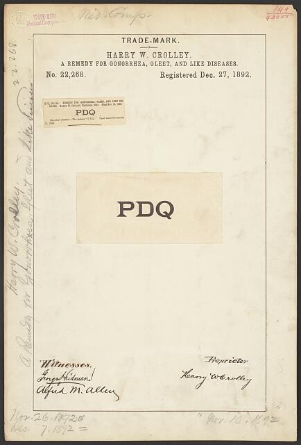 Harry W. Crolley for PDQ brand A Remedy for Gonorrhea, Gleet, and Like Diseases