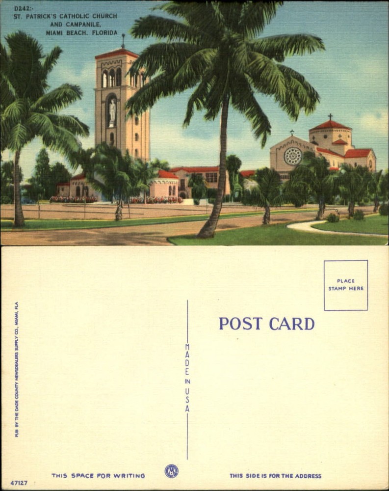 St. Patrick's Catholic Church and Campanile Miami Beach FL linen 1940s
