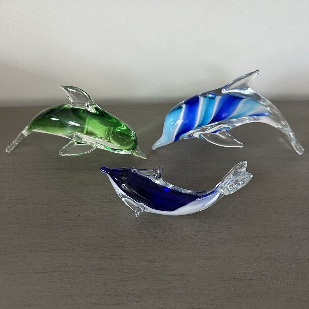 Art Glass Dolphin Sculpture Paperweight Figurine Blue White Swirl Hand Blown