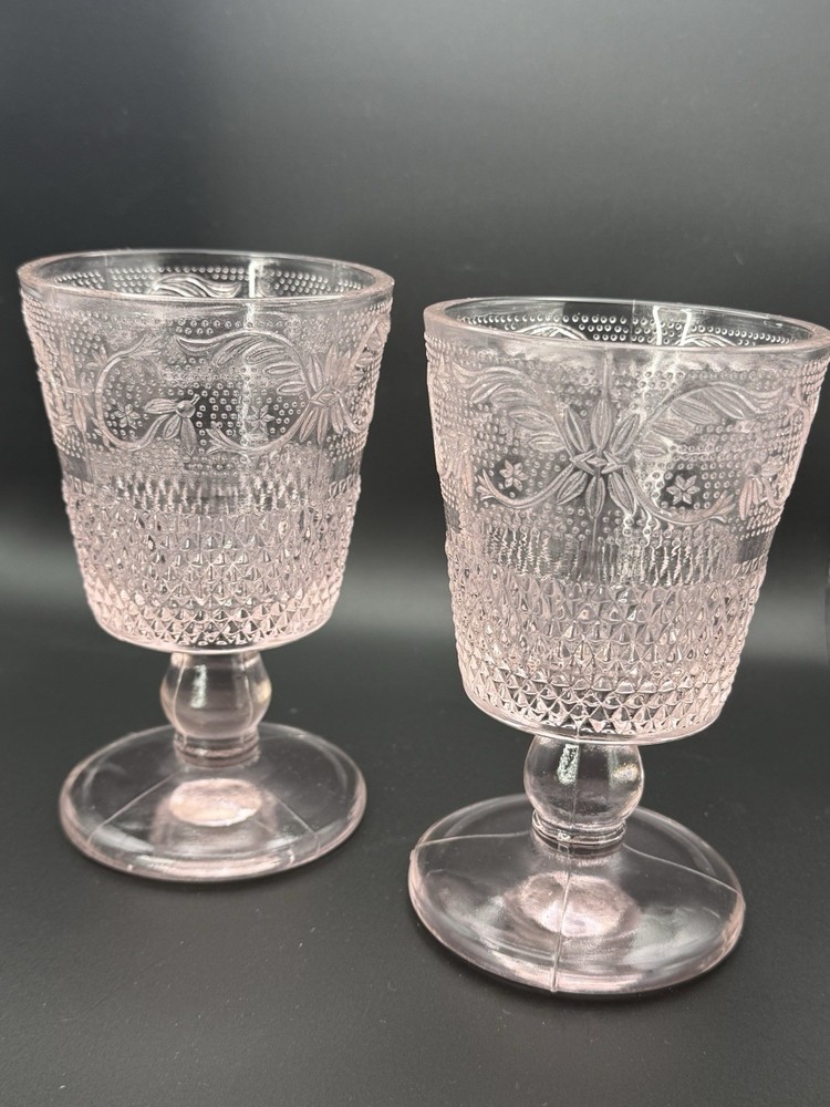 Lot 2 Vtg 5 1/2” Tiara Pink Glass Sandwich Water Wine Goblets Indiana Glass GUC