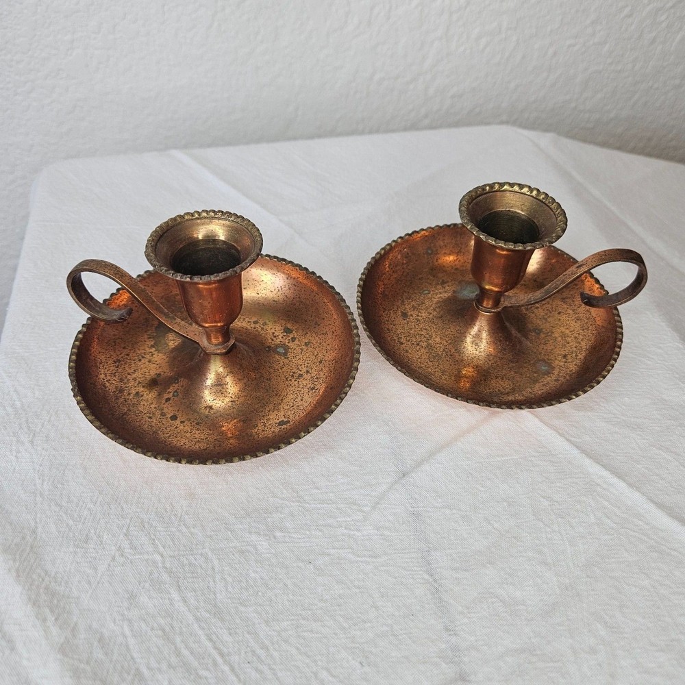 Vintage Copper Tone Chamberstick Taper Candle Holders India 3