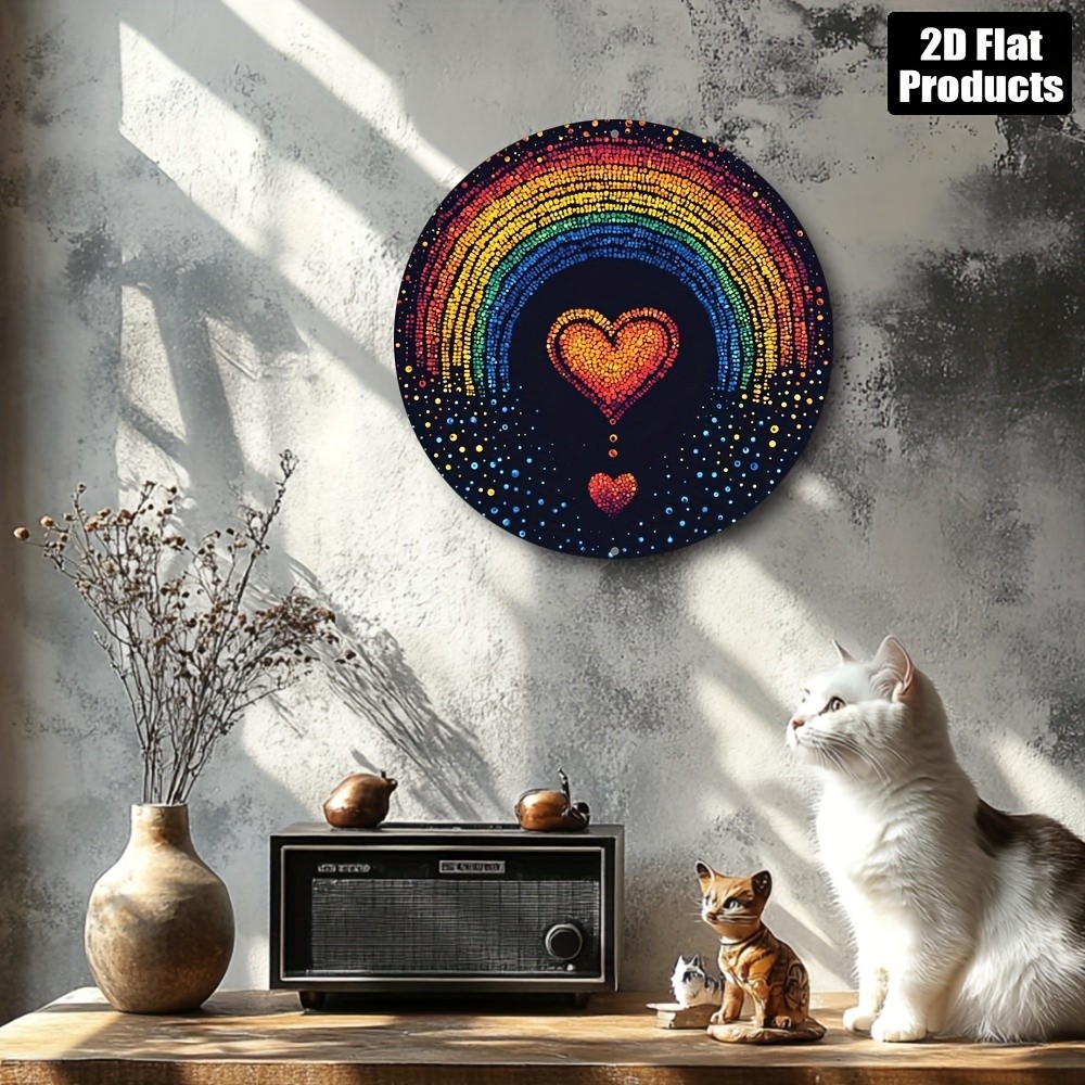 Retro Heart And Rainbow Design Round Aluminum Wall Decoration