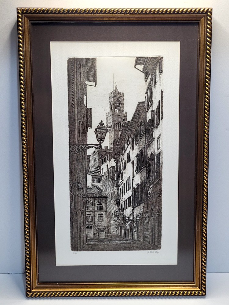 🔥 Vincenzo Volpi signed Florence Italy Palazzo Vecchio Tower Street Scene Print
