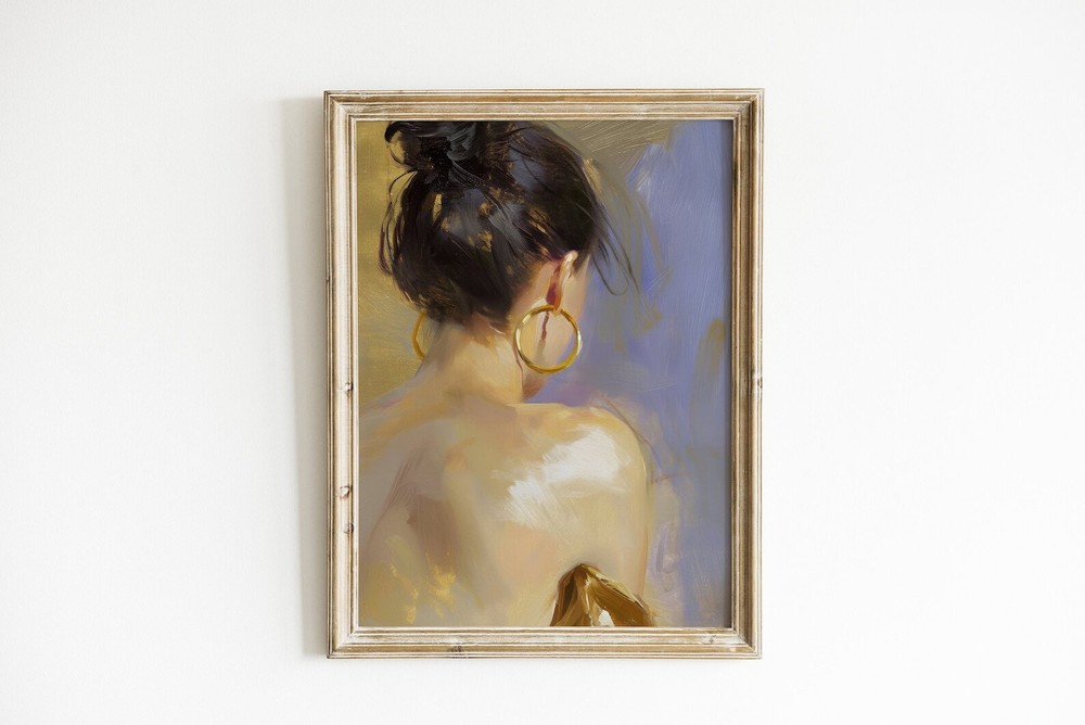Gold Wall Art Female Portrait Painting Trendy Bathroom Decor Vertical Print