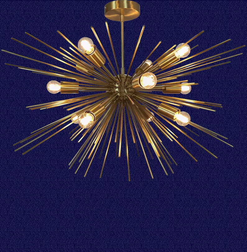 Starburst Brass Chandelier, 12-Light Mid-Century Modern Ceiling Fixture, Iconic