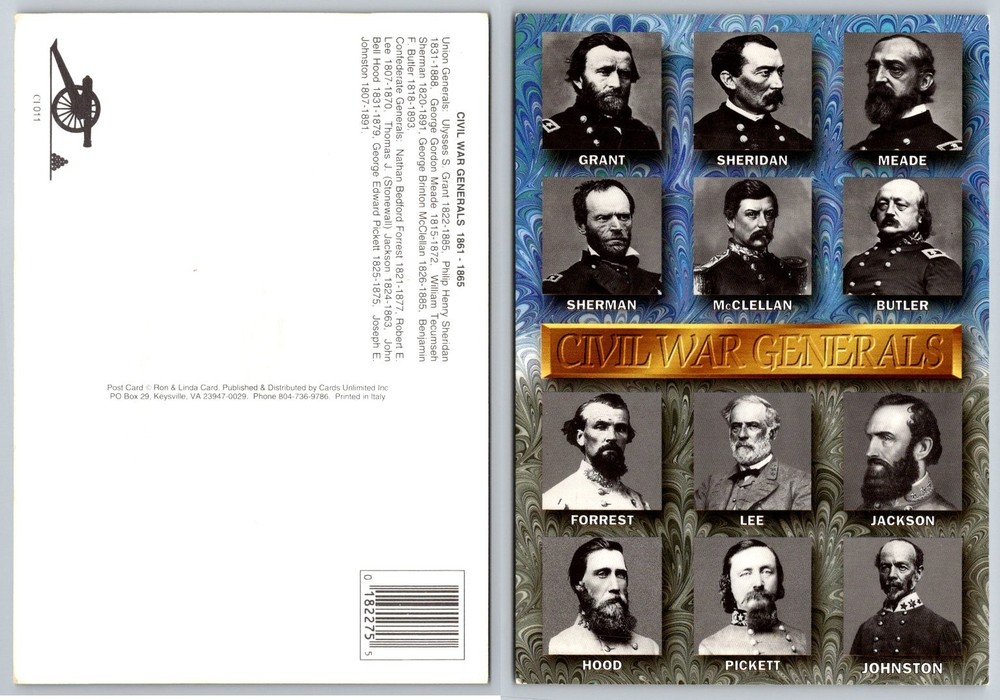 Civil War Generals Postcard - Grant, Lee, Sherman, Jackson & More