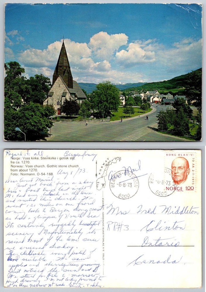 Voss Church Norway Postcard 1973 Gothic Stone Kirk Bergen Postmark