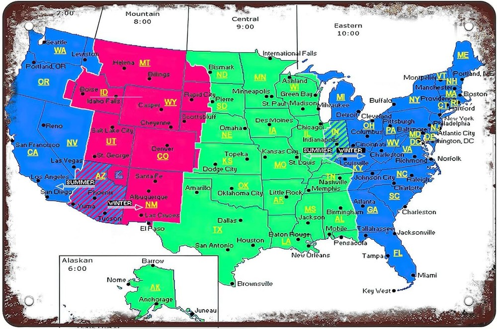 Retro Funny Metal Sign Sheet Signs Tin Sign,USA time Zone map， American map Outd
