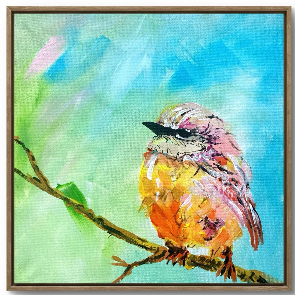 TITA PAINTZ Cute Colorful Bird Branch Hand Painted 12x12 Canvas Wall Art