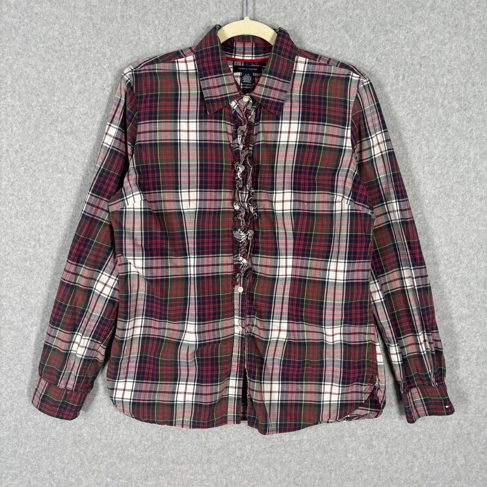 Tommy Hilfiger Shirt Womens Large Ruffle Tartan Plaid Button Cotton Long Sleeve