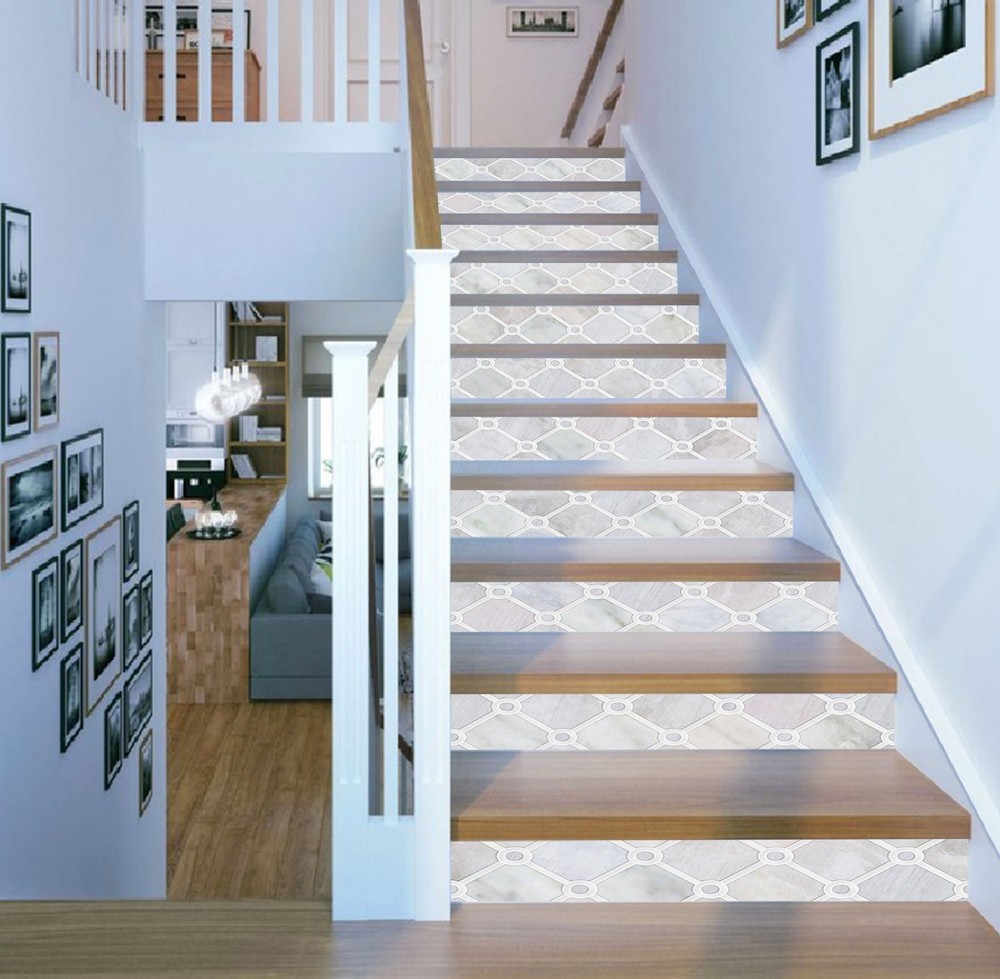 3D White Grid Marble Stair Riser Decorative Vinyl Wallpaper Mural Tile