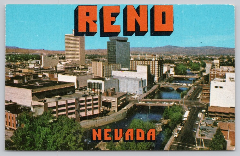 Vintage Reno Nevada Downtown Skyline Truckee River Curteichcolor Postcard