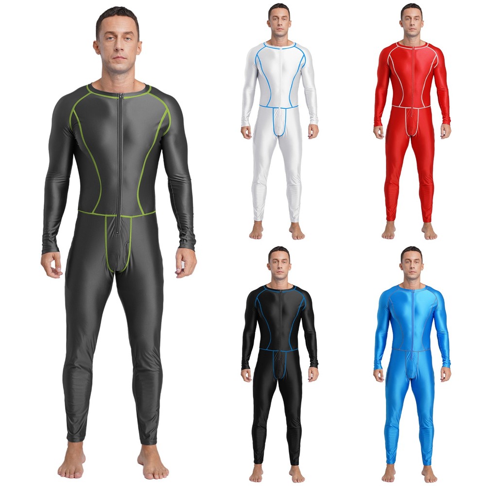 US~ Men's Glossy Slim Jumpsuit Flat Seams Front Zip Pants Compression Bodysuit