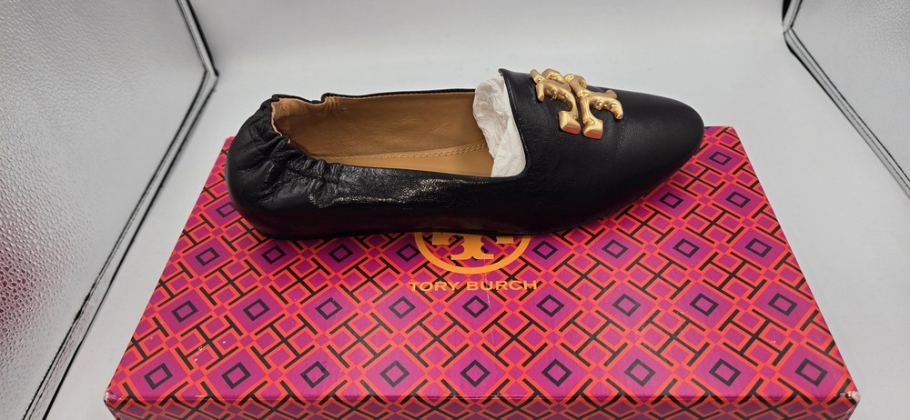 Tory Burch Eleanor Loafer Shoes Womens Size 6.5 Black Leather Flats Gold Logo