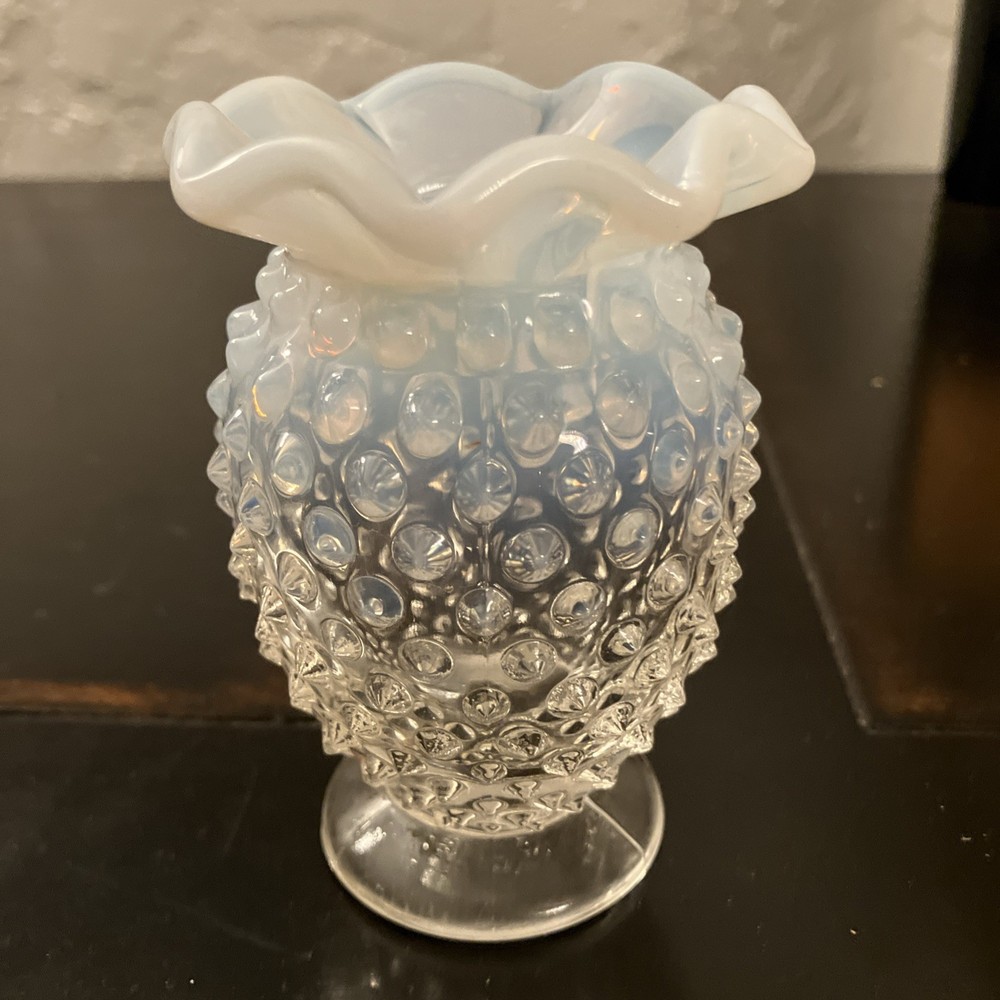 Vintage Fenton Moonstone Opalescent Bud Vase Hobnail Glass Ruffled Edge  3.75 